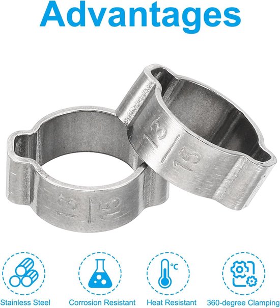 10pcs 13-15mm Double Ear Hose Clamp - 304 Stainless Steel O-Clip Crimp Rings - Voor Brandstof en Gasleiding Aansluitingen - Zilverkleurig van Merkloos — afbeelding 5