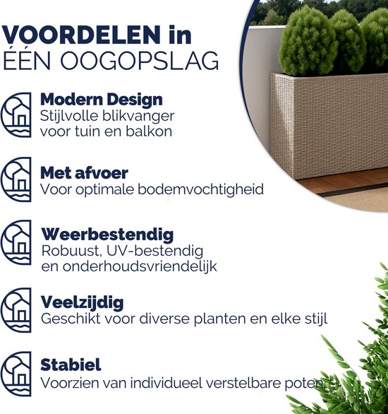 Buitenplantenbak met grijze vlechtstructuur, 3 plantenbakken met afvoer en verstelbare poten.