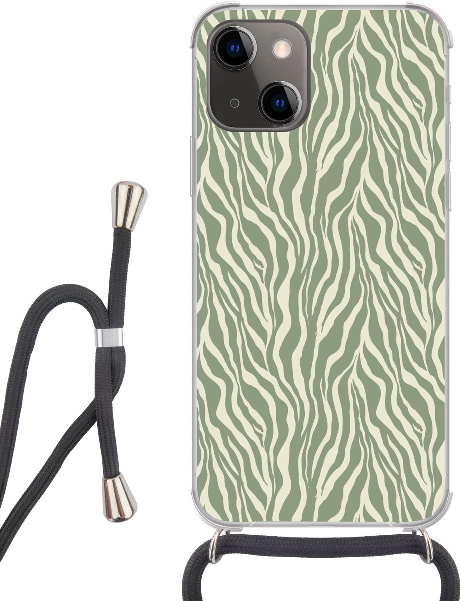 Telefoonhoesje Geschikt voor iPhone 13 Mini - Zebra - Motief - Groen - Siliconen - Crossbody - Backcover met Koord - Telefoonhoesje met koord - Hoesje met touw Telefoonhoesje