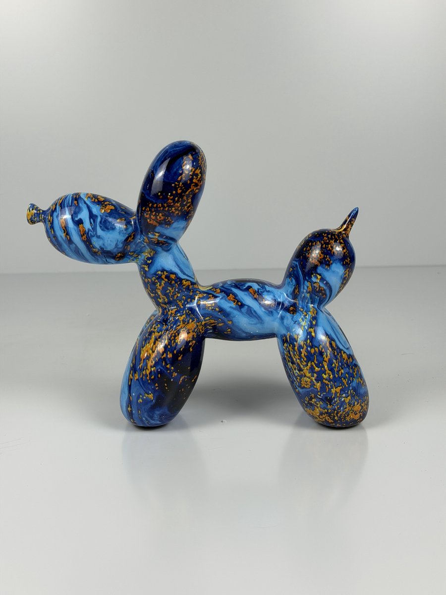 Deco Shine - Premium Line - Ballon Hond Beeld - Blauw, Goud En Nachtblauw Kleur - Sculptuur - Decoratie - Cadeau - Standbeeld - 17 cm