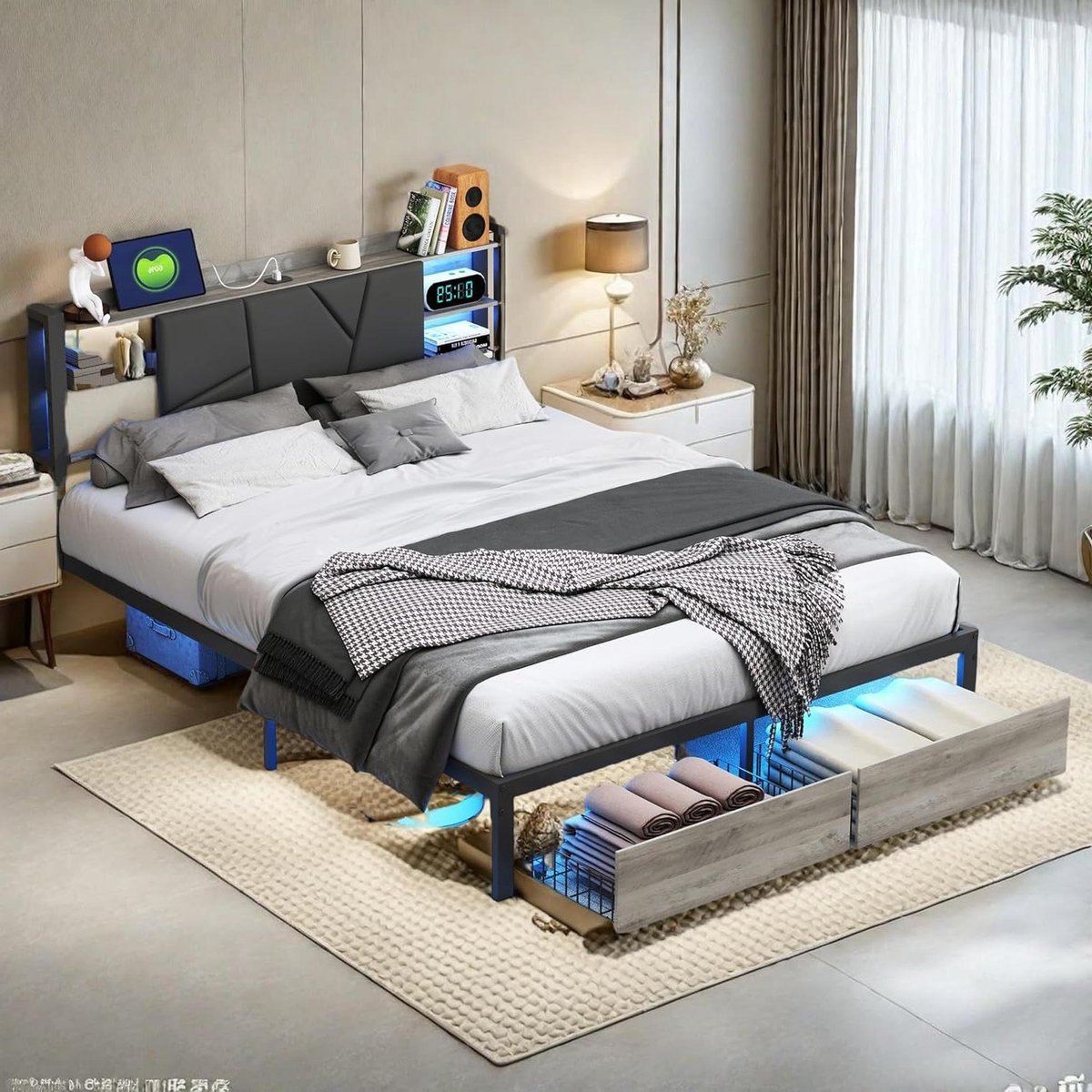 Led Tweepersoonsbed - Opbergbed Laden - Slaapkamer Sfeer - Geïntegreerde USB-poort - 160 x 200 cm - Zwart