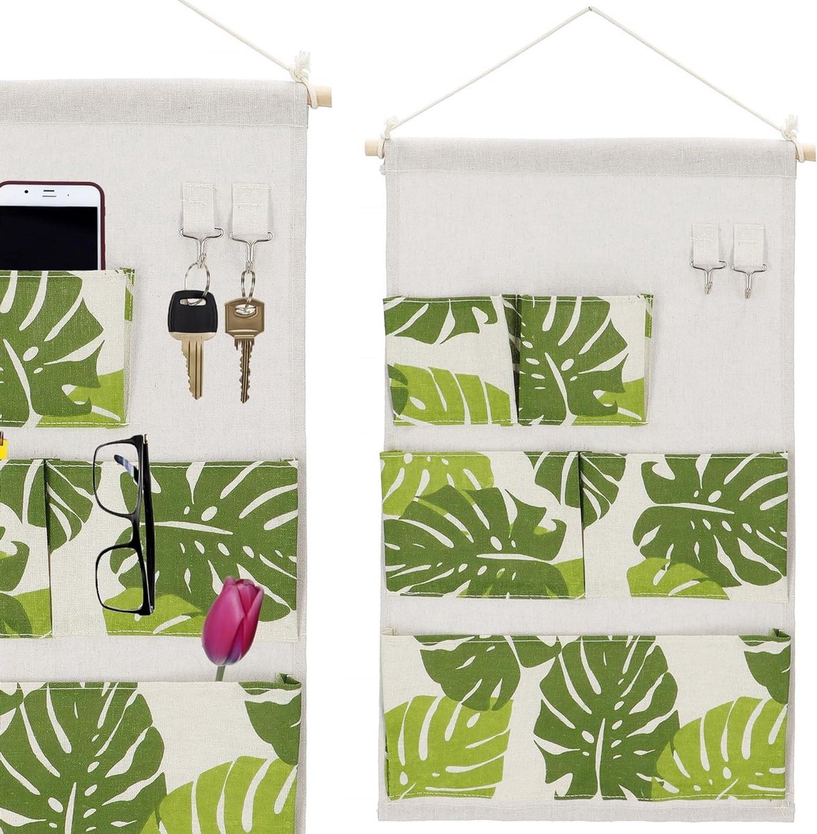 Hangende Organizer - Opbergtas Muur - Ruimte Organiseren - Monstera Design - 35 x 58 cm - Beige