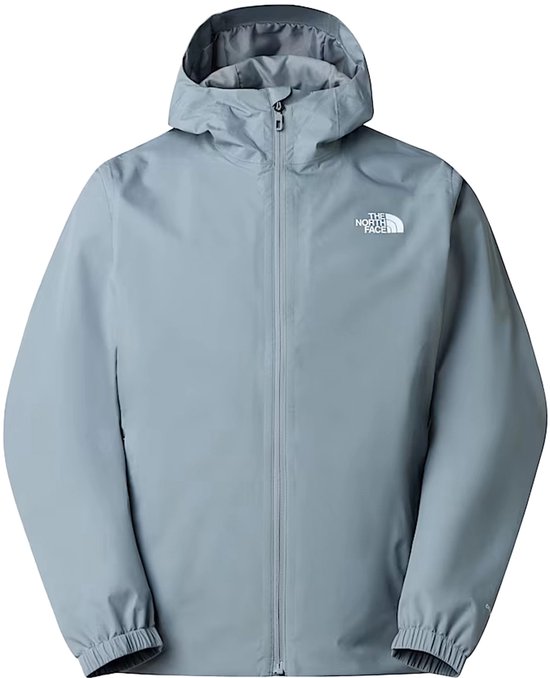 Veste grise The North Face à capuche, fermeture éclair et logo blanc sur la poitrine.