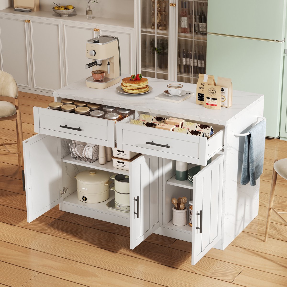 MIVRAY Keukeneiland - Met Barblad En Stopcontacten - Voor Keuken En Appartement - MDF In Wit Marmerlook - 120x60x91 Cm