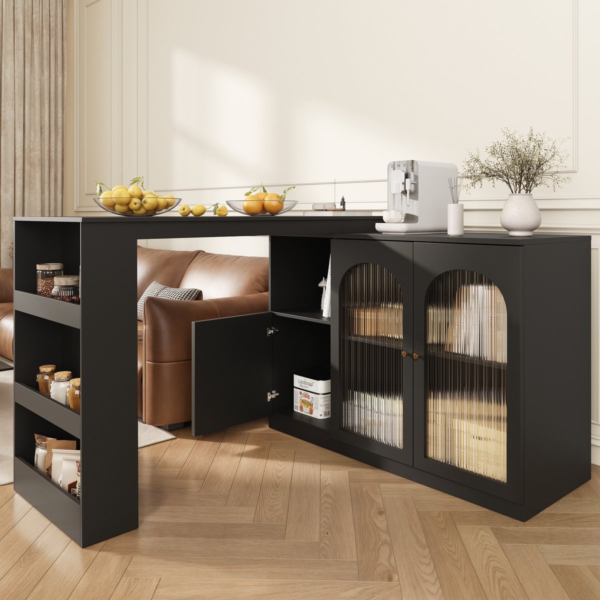 MIVRAY Barkast - 360 Graden Draaibaar Met Opbergruimte En Glazen Deur - Voor Keuken En Woonkamer - MDF - Zwart - 120x40x97 Cm