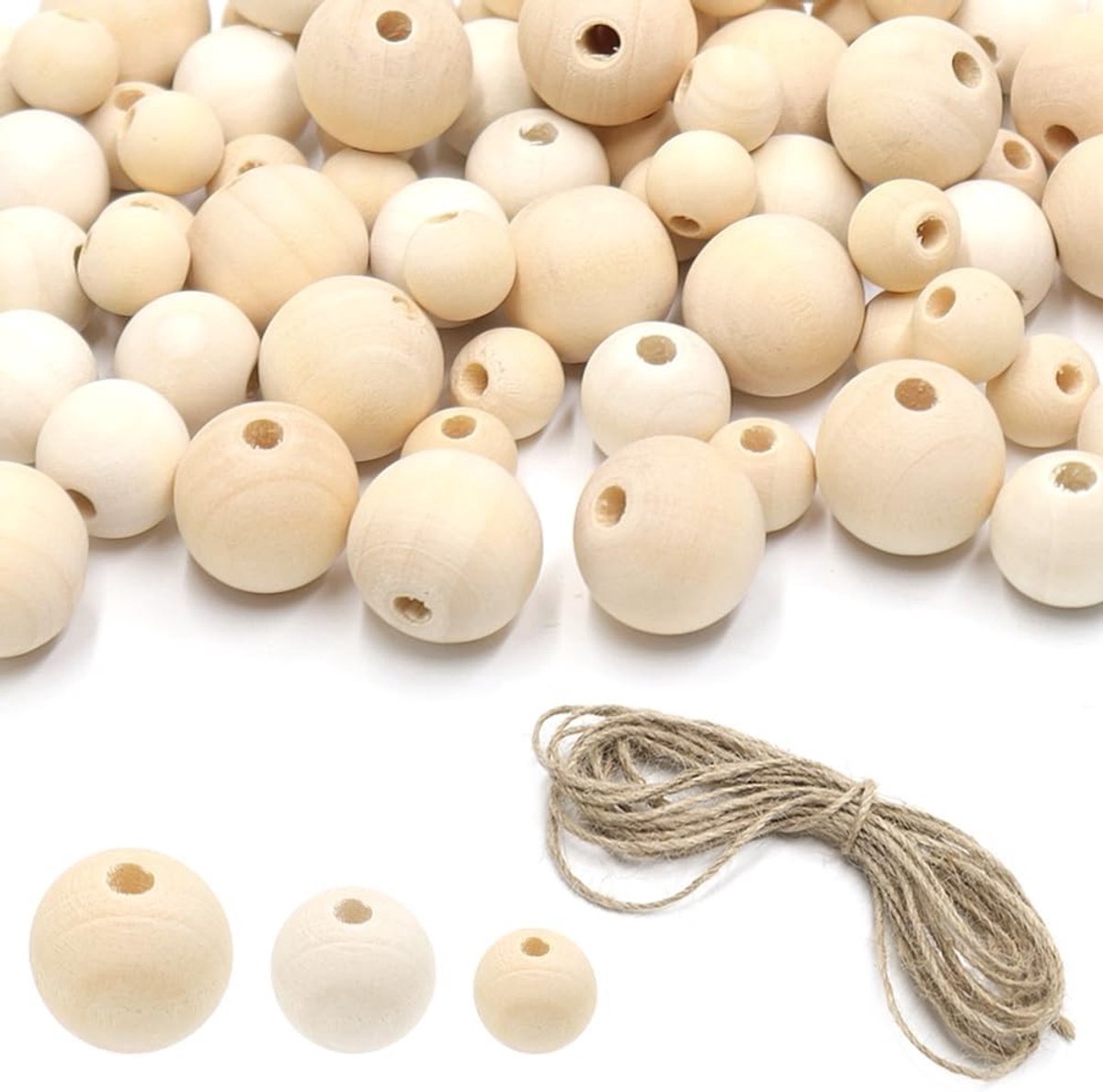 Kleine Houten Kralen Set van 100 Stuks voor Decoraties en DIY Sieraden Maken, Natuurlijke Houtkleur, Diverse Maten