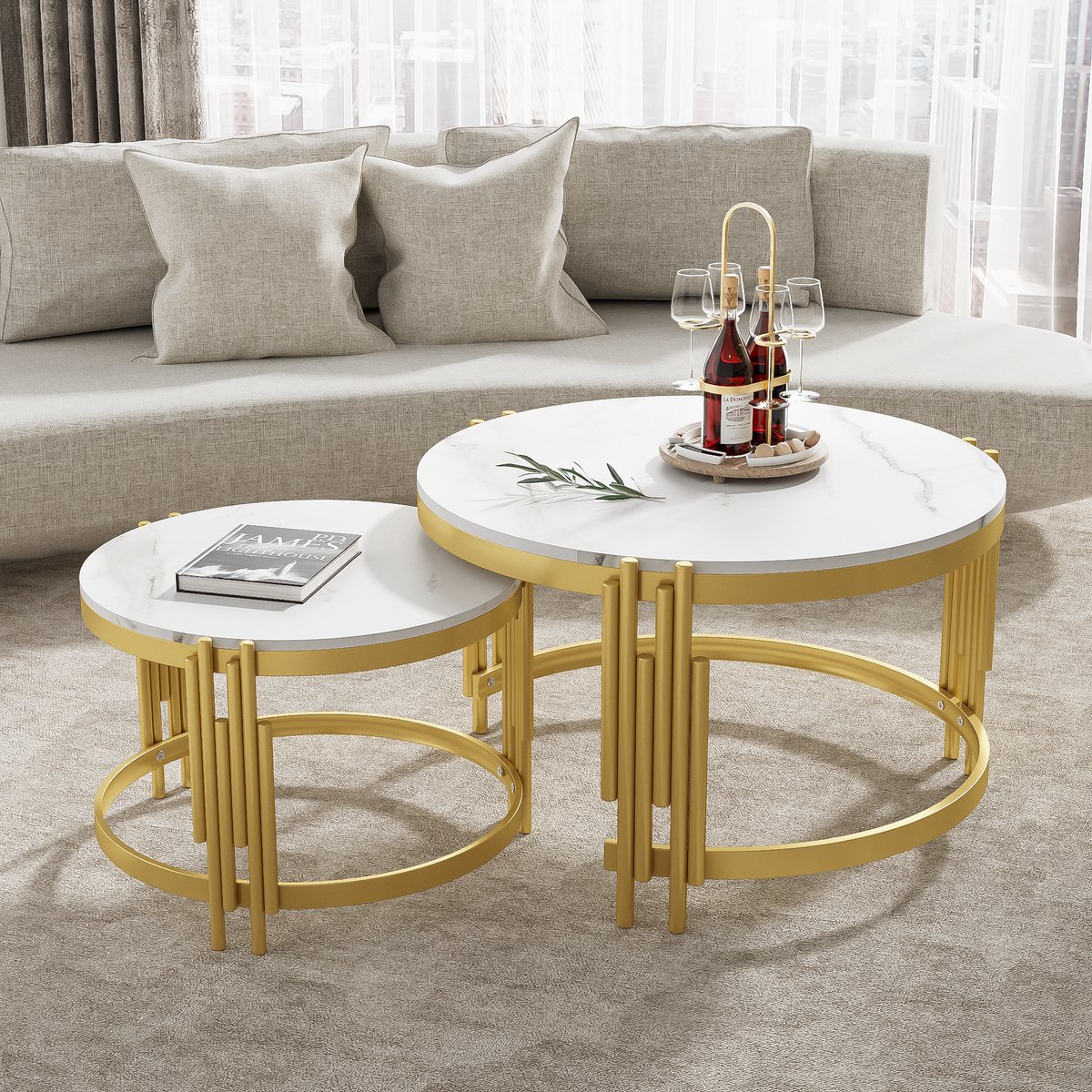 MIVRAY Salontafelset - Nestbaar Rond Design Met Marmerlook - Voor Woonkamer En Werkkamer - MDF En Metaal - Wit Messing Wit & Goud
