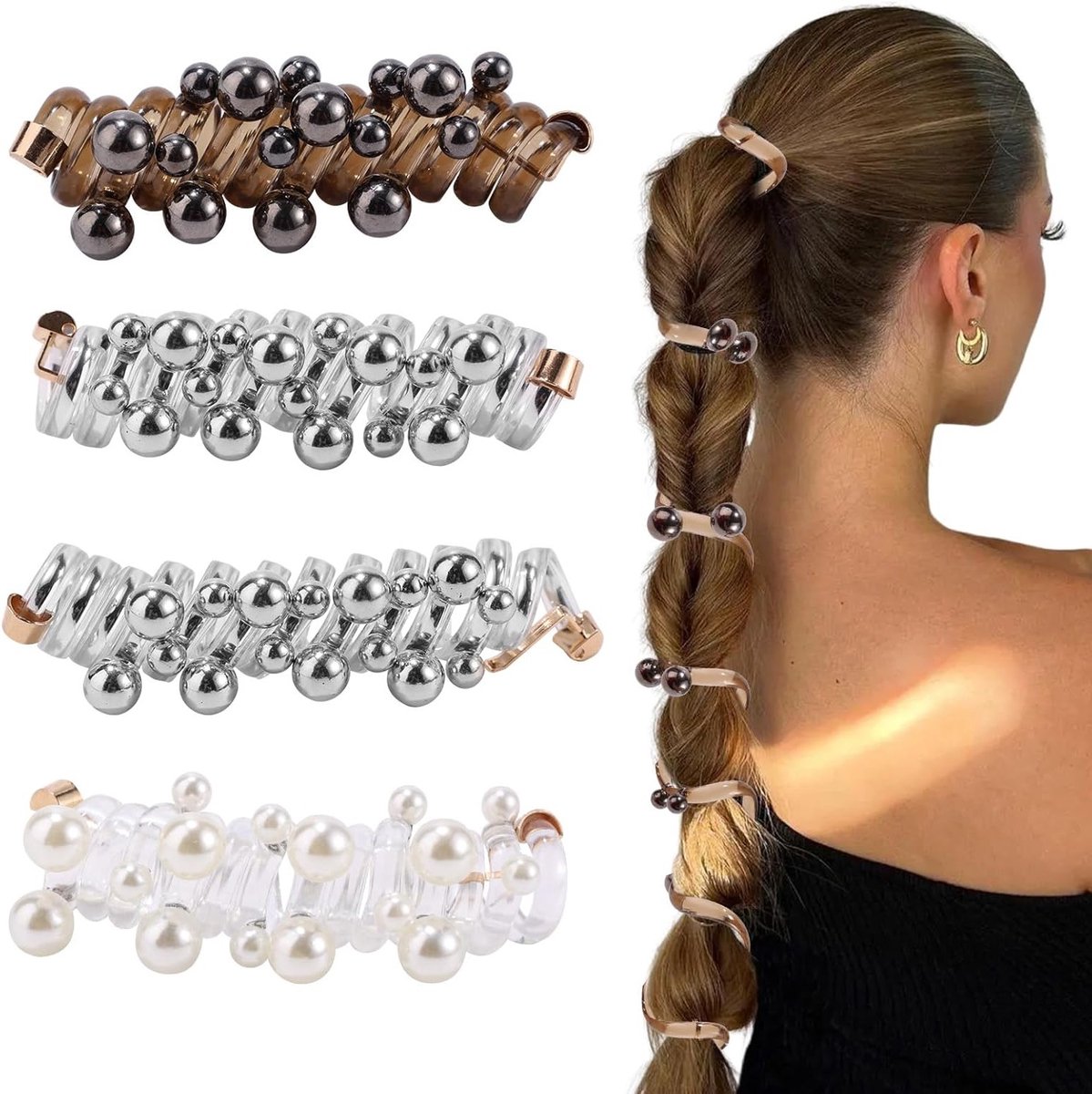 Elastische Spiraalvormige Haarelastiekjes in 3 Kleuren, Geen Schade, Parelversiering voor Vrouwen, Perfect voor Elegante Paardenstaarten en Kapsels