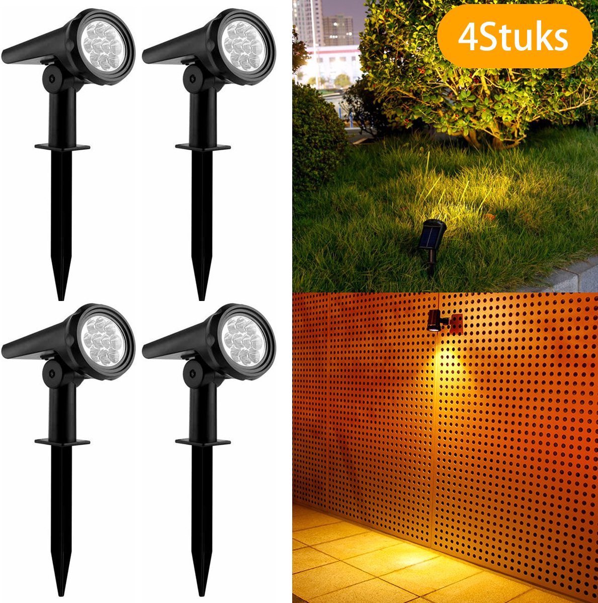 Meedeer 4 Stuks Tuinverlichting op Zonne-energie-Solar Prikspot-Tuinspots-Tuinverlichting-Solar Spots-10leds-Warm wit-IP65 Waterdicht-Drie helderheidsniveaus-ABS-Wandlamp en Gazonlamp-Grond Spots voor Tuin-Garage-Pad en Balkon