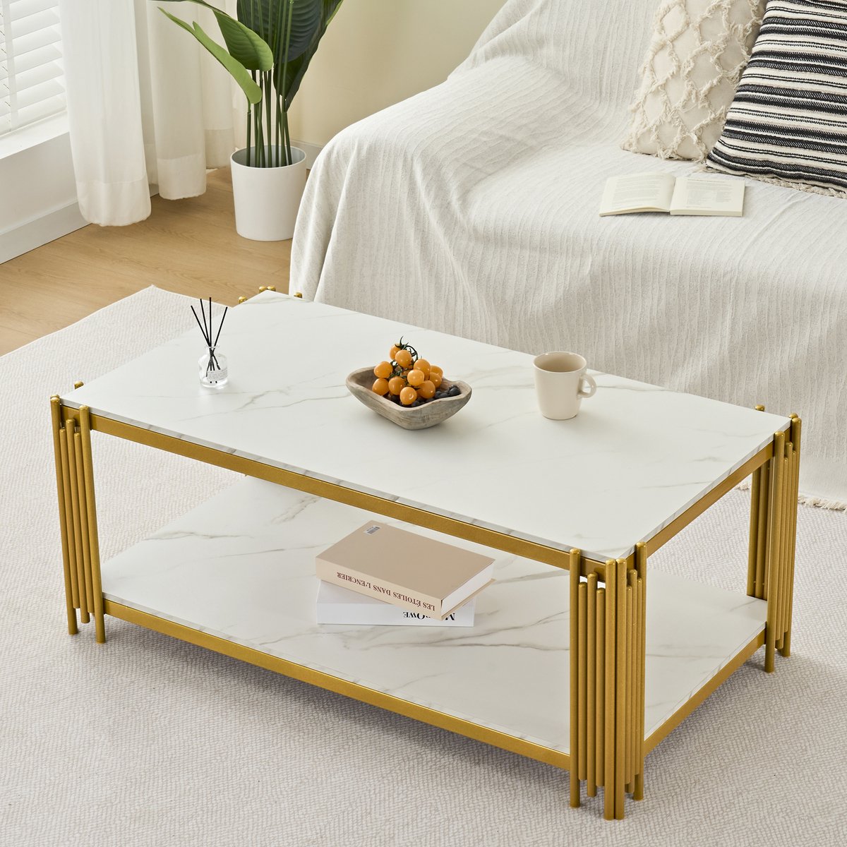 MIVRAY Salontafel - Rechthoekig Met Marmerlook En 2 Legplanken - Voor Woonkamer - MDF En Metaal - 114x64x46 Cm