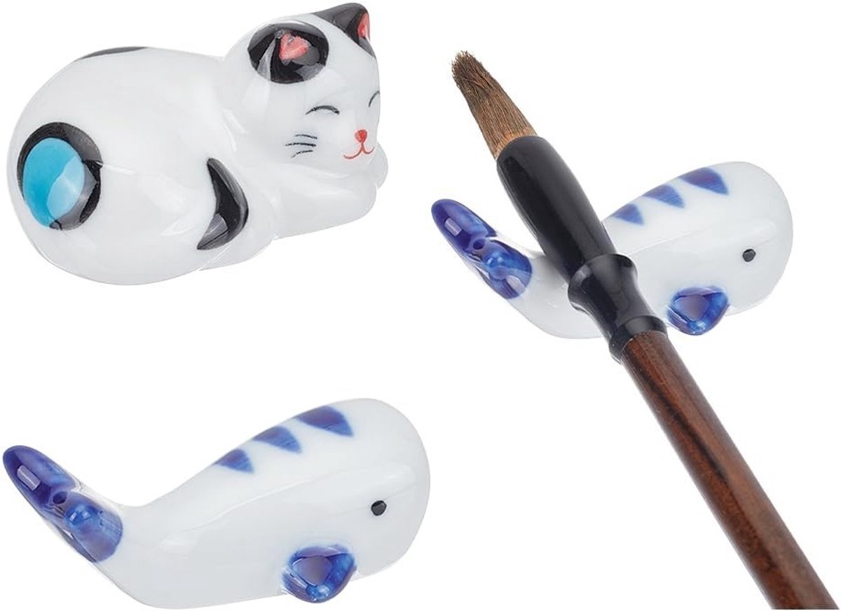 Schattige keramische kat verfkwast houder en rustplaats voor Chinese kalligrafie, ideaal voor eetstokjes en keukengerei, 1.85~2.2 inch