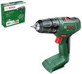 Groene Bosch EasyDrill 18V-40 accuboormachine, met rode knoppen, op een witte achtergrond. Doos ernaast.
