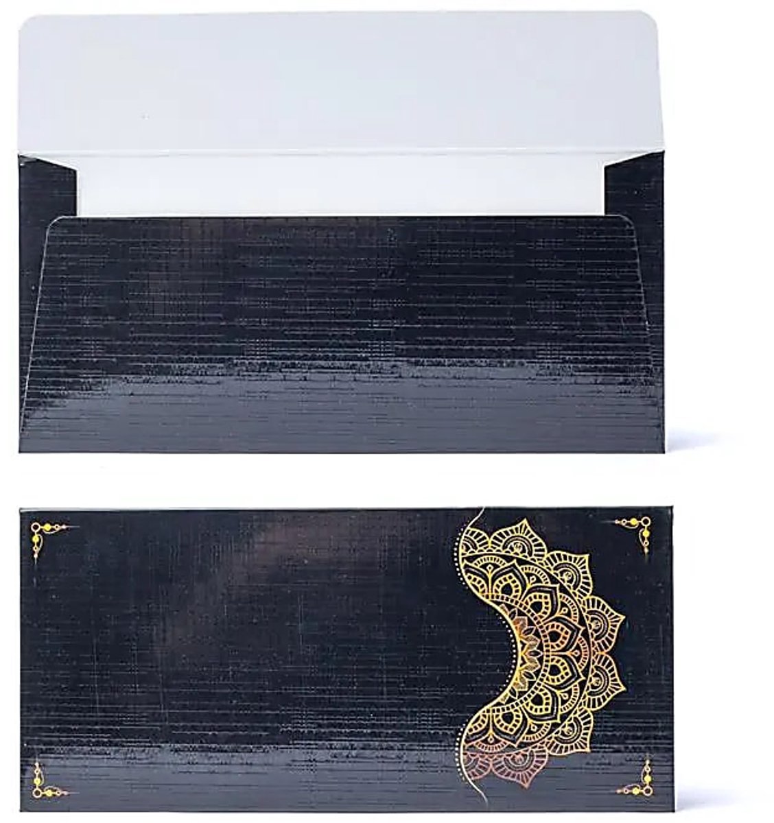 Cadeaukaart Envelop Zwart Goud Mandala Bloem --pakket van 10 stuks - 19x9cm - 19x9cm