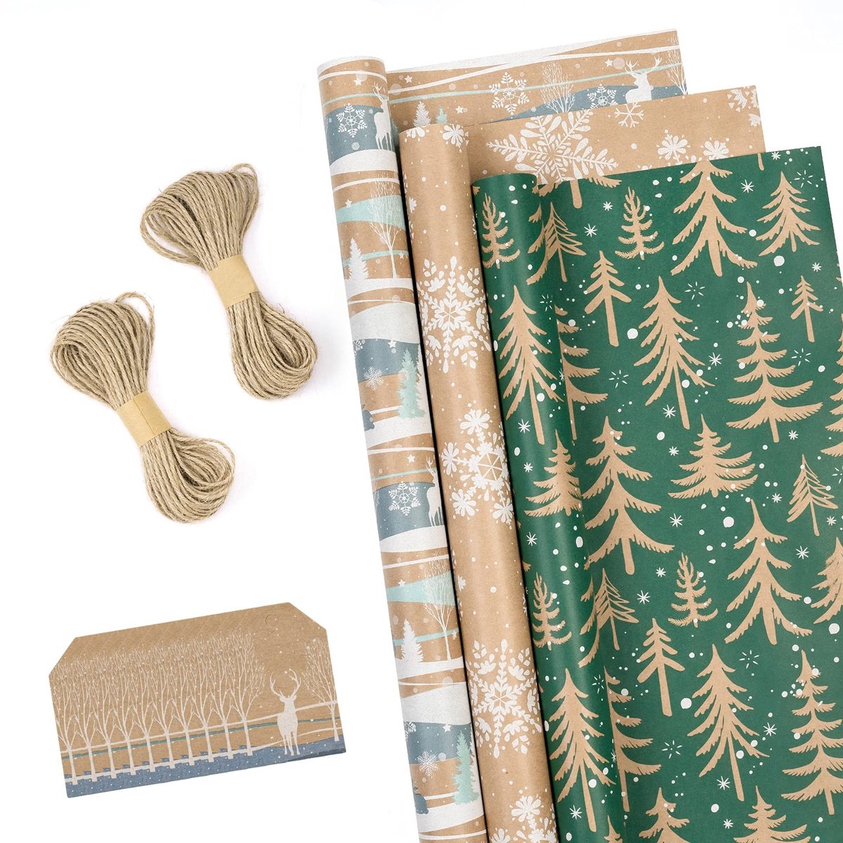 Vt products - Kerstpapier Rolls - Cadeaupapier - 3 Rollen - 43 cm x 3 meter - Etiketten en Jute Koord - Geschikt voor Cadeaus - IJsblauw en Kraft