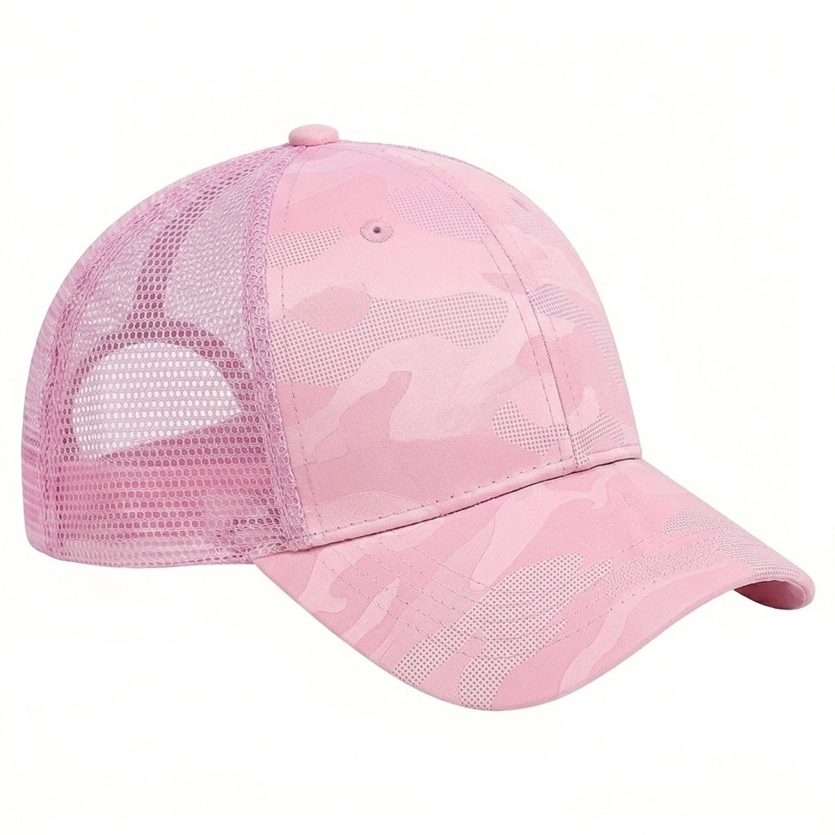 Roze camouflage baseball pet dames – mesh trucker pet met gebogen klep en ponytail opening – verstelbare snapback cap met camouflage patroon – ademende dames pet voor casual en outdoor gebruik