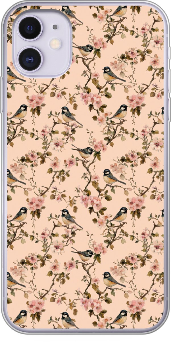 Telefoonhoesje Geschikt voor iPhone 11 hoesje - Bloesem - Koolmees - Roze - Siliconen Telefoonhoesje Telefoonhoesje