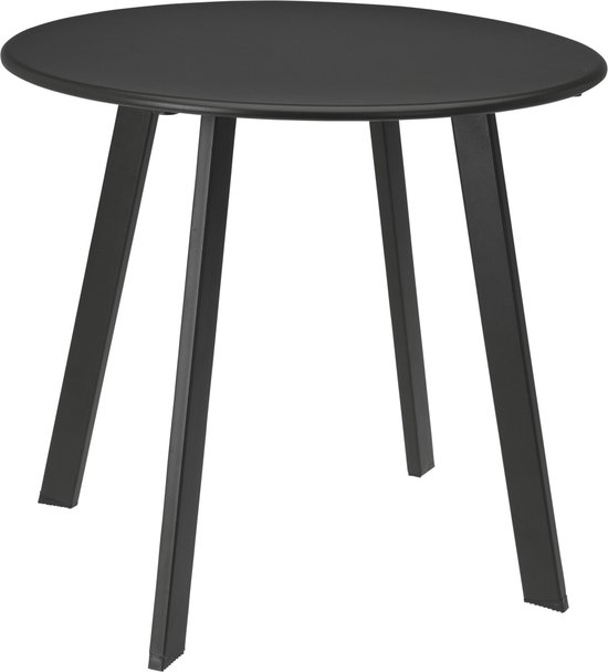 Zwarte ronde bijzettafel met vier schuine poten, op een witte achtergrond.