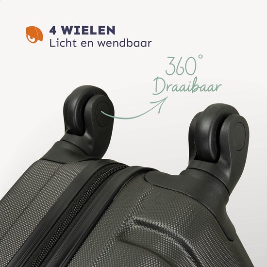 Close-up van de vier 360 graden draaibare wielen van de donkergrijze koffer.