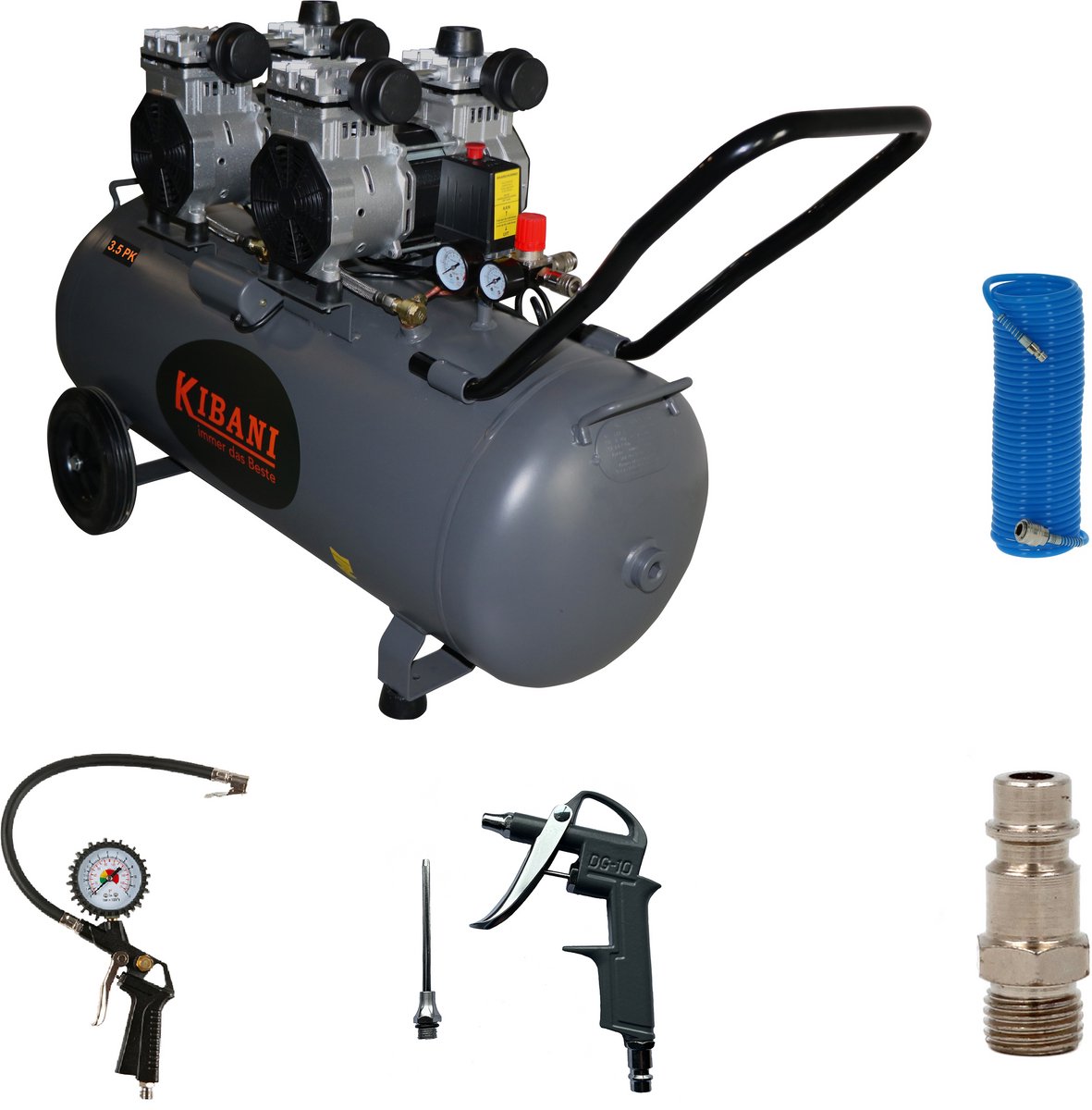 Kibani super stille compressor 100 Liter - Incl. luchtslang, eurokoppeling & bandenpomp - olievrij - 8 BAR - 63 dB - Low Noise - Compressoren - 100L