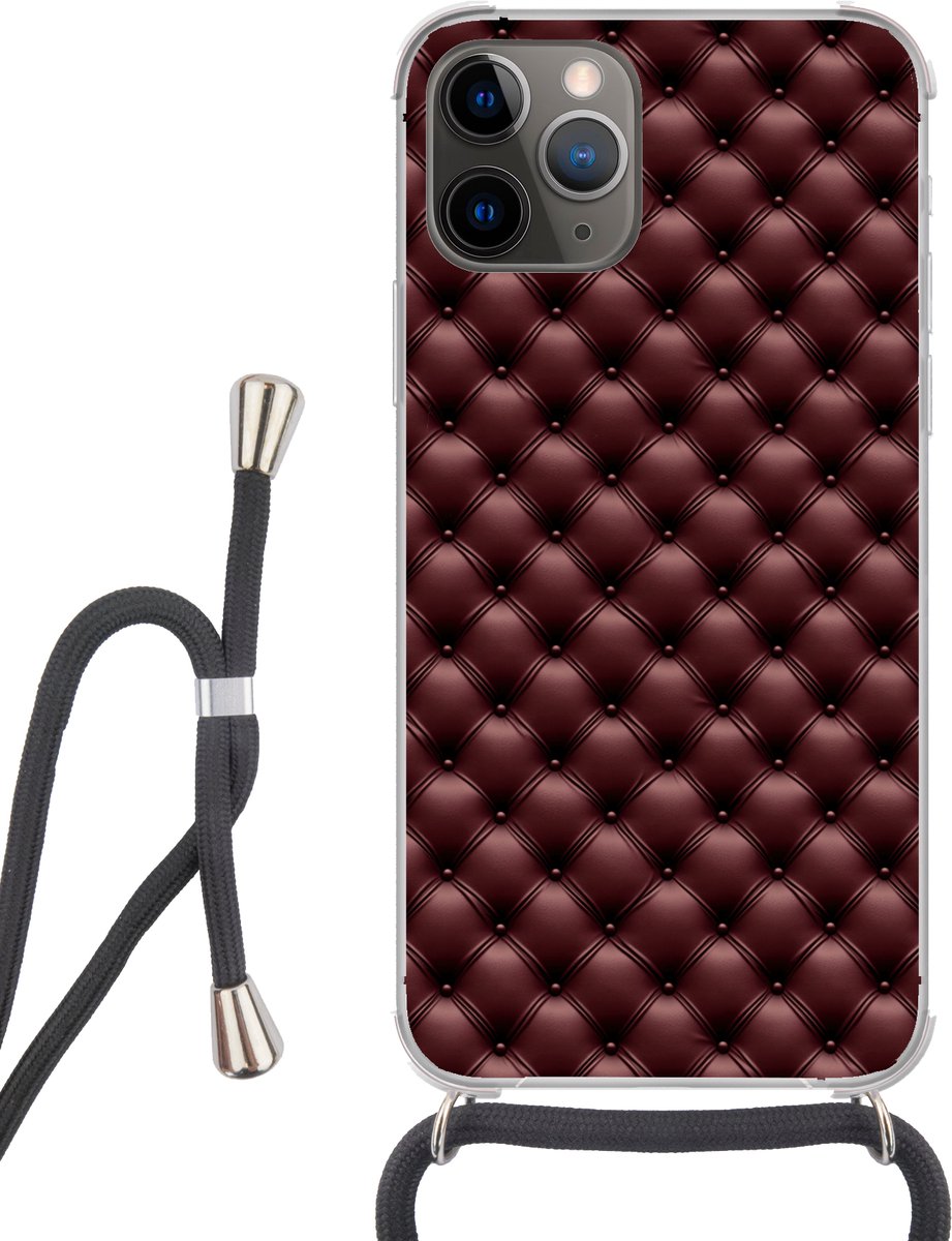 Telefoonhoesje Geschikt voor iPhone 12 pro crossbody - Leer - Patroon - Bordeaux - Siliconen - Crossbody - Backcover met Koord - Telefoonhoesje met koord - Hoesje met touw Telefoonhoesje