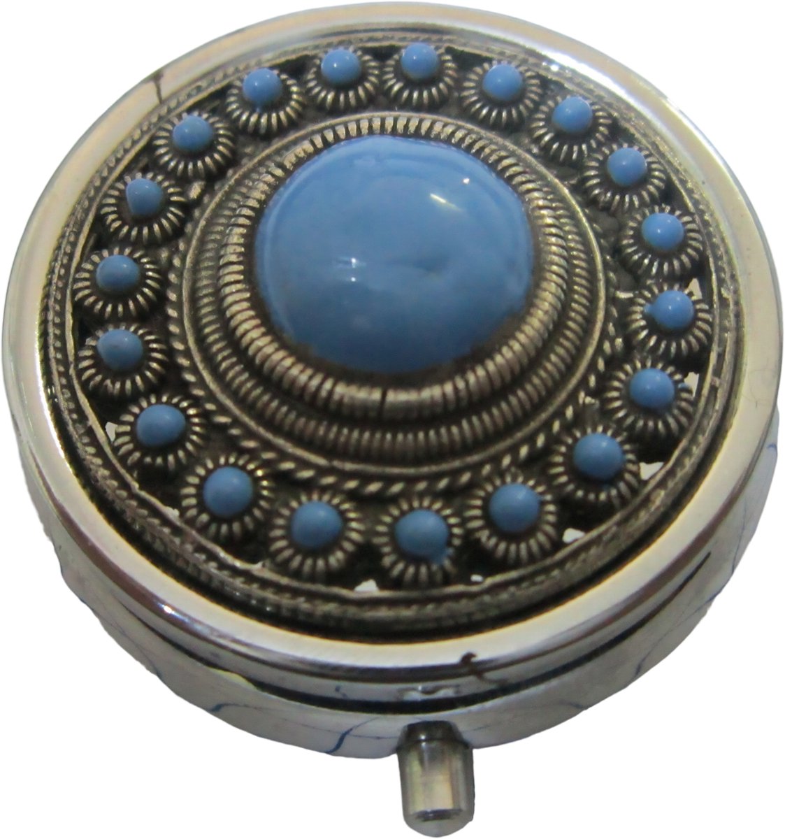 Zeeuws Meisje - pillendoosje Zeeuwse knoop zwaar verzilverd blauw