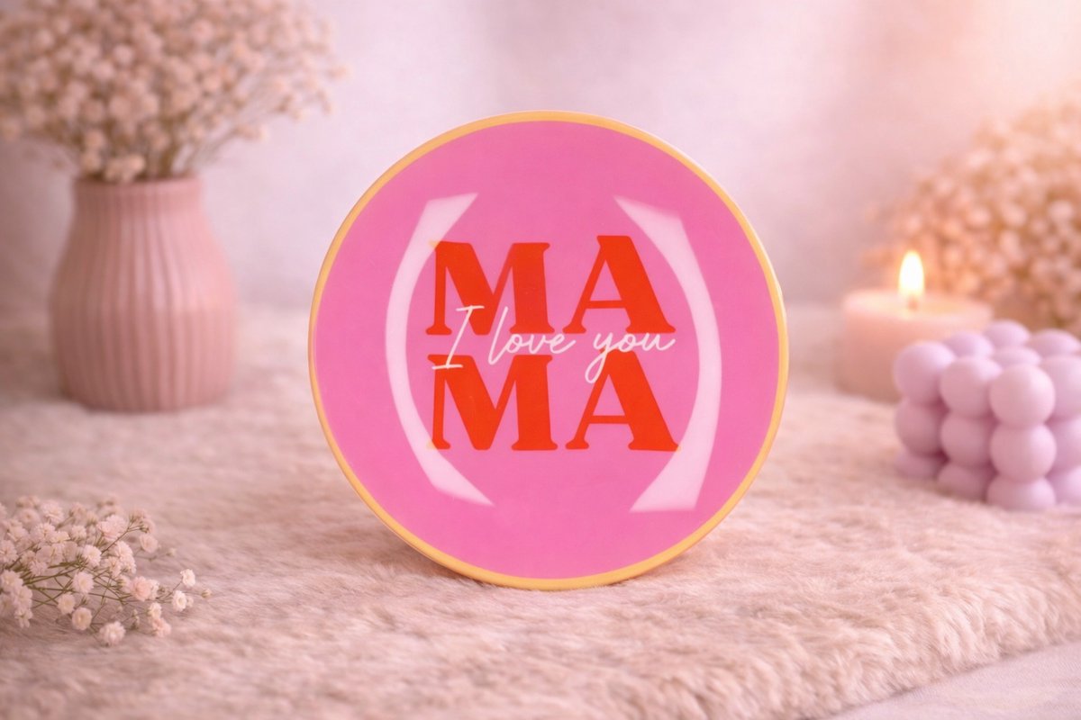Glazen Bord ‘Mama I Love You’ | Viva Femme | Glazen bord met tekst | Decoratie | Cadeau | Moederdag | Wonen | Gebaksbord | Dessertbord | Liefde | Verrassing