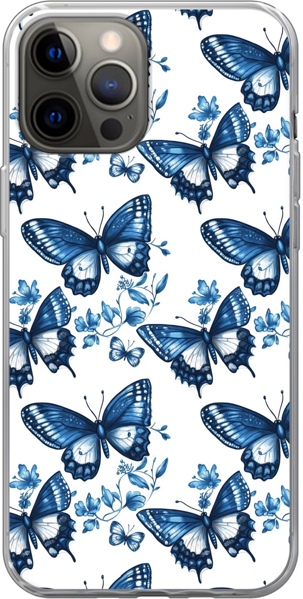 Telefoonhoesje Geschikt voor iPhone 12 Pro Max hoesje - Blauw - Vlinders - Bloemen - Wit - Siliconen Telefoonhoesje Telefoonhoesje