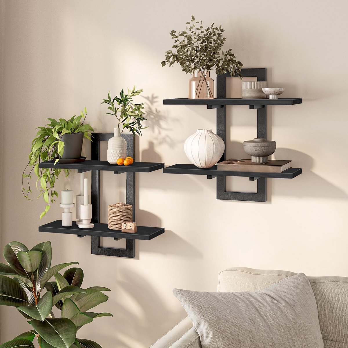 HOMESY Zwevende wandplanken, 2-laags zwevende planken, set van 2, hangende badkamerplanken, 38 cm wandplanken, voor woonkamer, slaapkamer, keuken, zwart