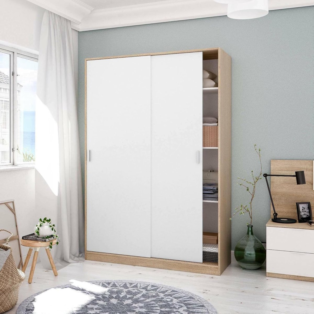 Waterbury Luxe Schuifdeur Kledingkast 120x50x200 cm met 4 Planken en Kledingstang – Eiken & Wit Slaapkamerkast met Veel Opbergruimte