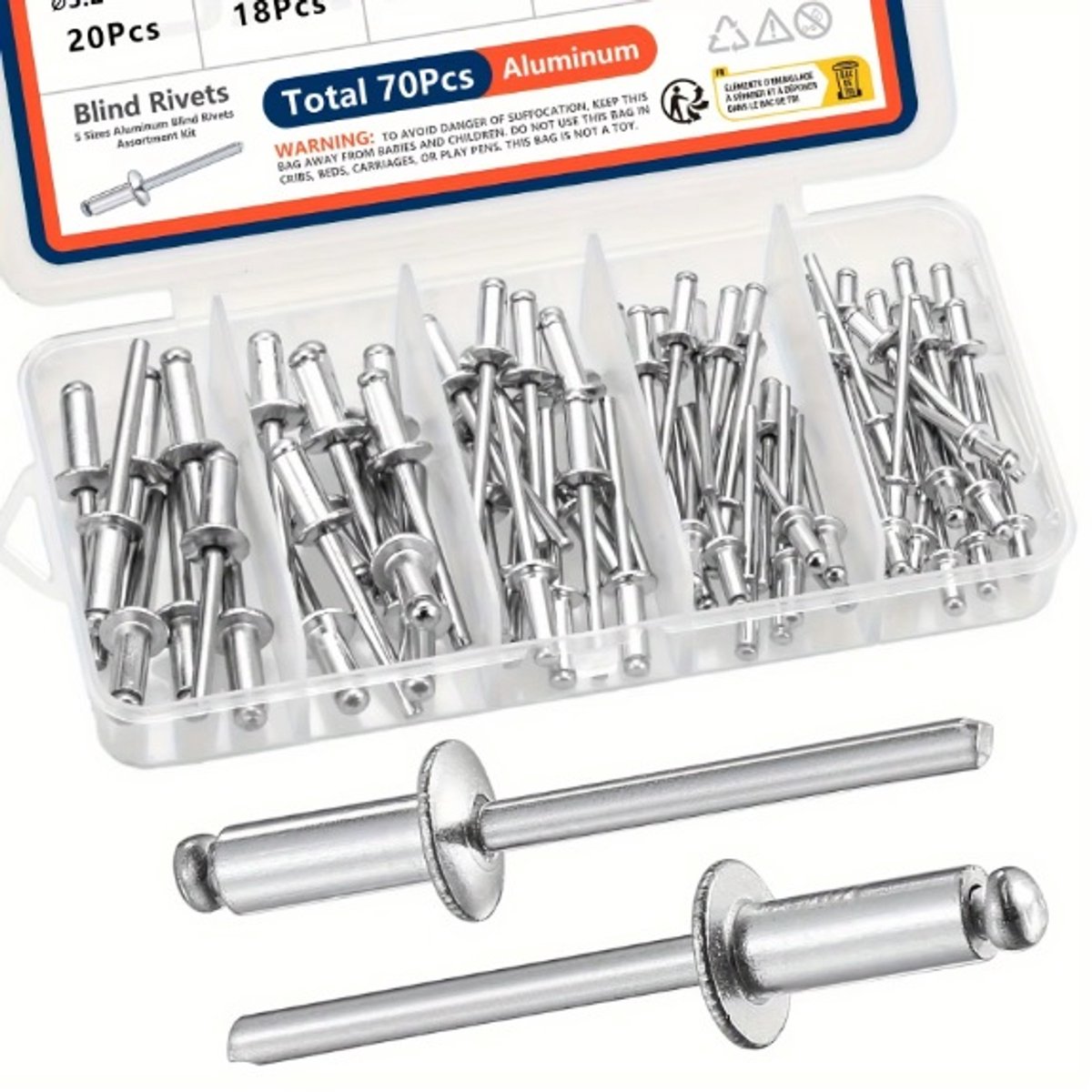 assortimentsbox aluminium klinknagels - 5 maten - blindklinknagels voor metalen meubels of automotive - klinknagels voor metalen panelen - popnagels