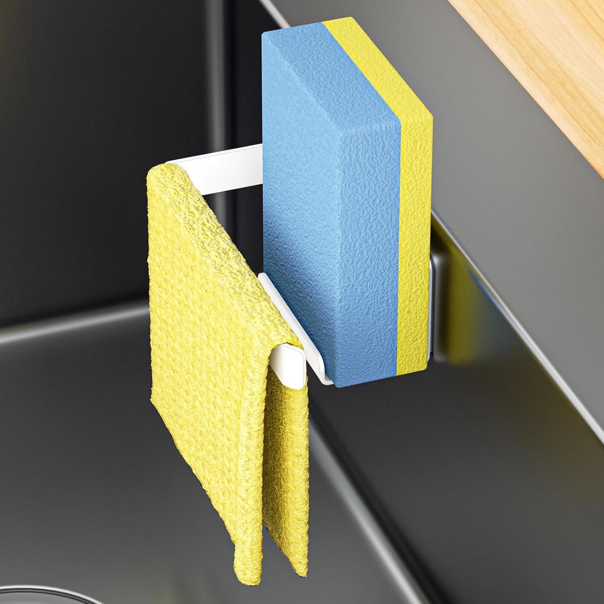 Sponge Holder Sink - Zelfklevende Dish Cloth Holder - Sink Caddy Keuken 2-in-1 - Rvs Dishcloth Opslag voor Afwasdoeken - Spons - Borstel (Wit)