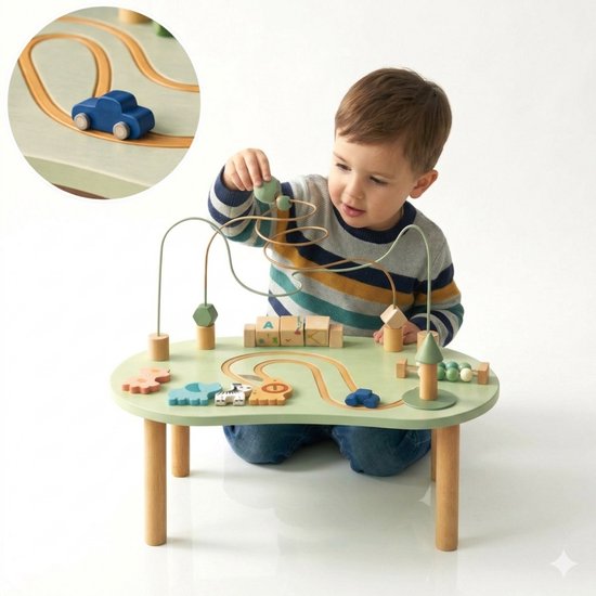 Foto: Laavir houten activiteitentafel baby educatieve speeltafel met kralenspiraal autobaantje en blokken interactief speelgoed vanaf 1 jaar lichtgroen