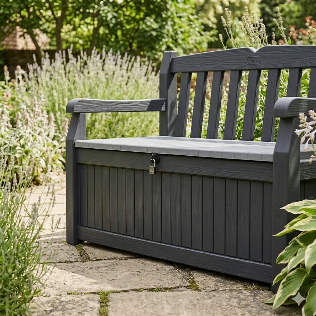 Tuinbank met Opbergruimte 265L 140x60x84 cm – Opbergbank Kunststof Houtlook Weerbestendig en Afsluitbaar voor Tuin en Balkon – Grijs – Bella