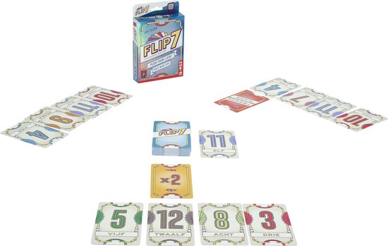 Kaartspel FLIP 7 op tafel: kaarten met cijfers, doosspel, 2 stapels kaarten in het midden