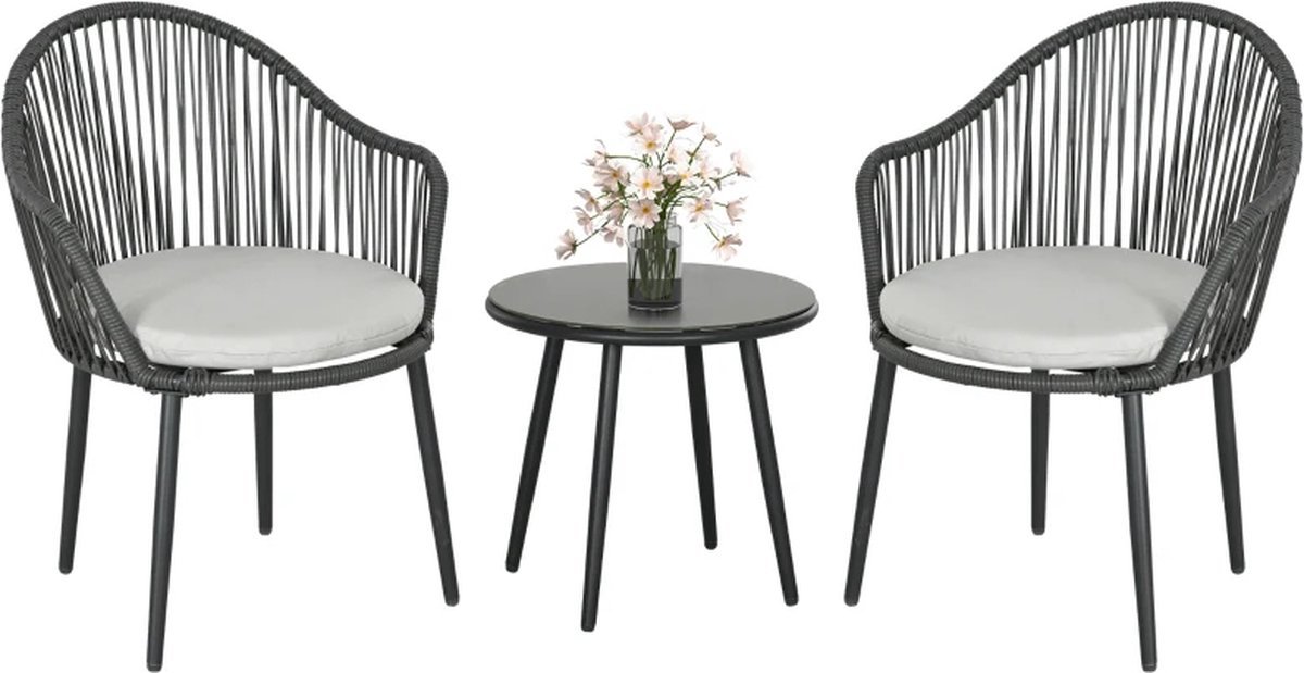 Balkonset 2 personen - Tuinset - Bistroset - Zwart - 3 delig - Met kussens - Tuintafel en 2 stoelen - 2 personen - Gecoat staal - Onderhoudsvrij staal