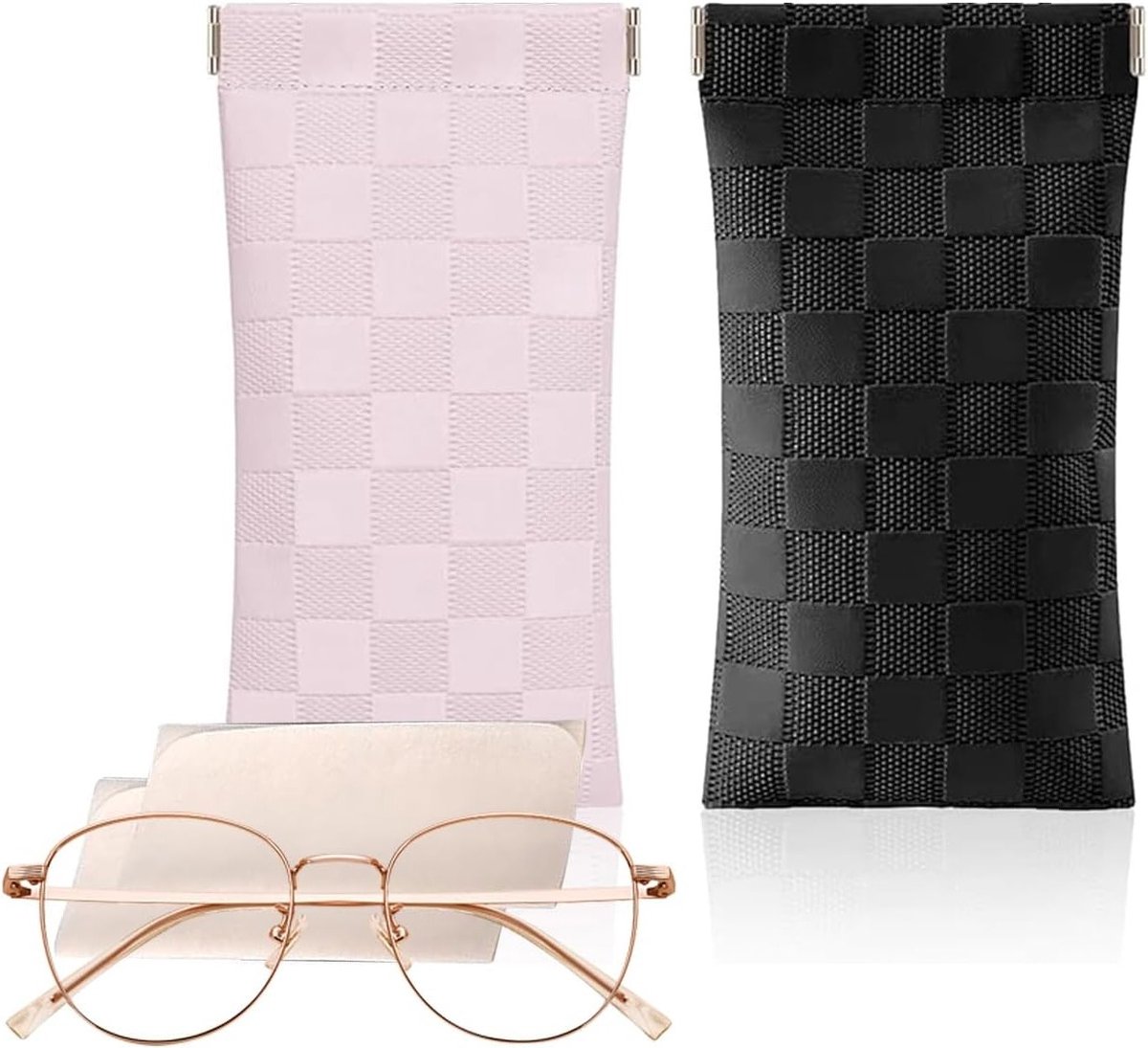 Set van 2 Zachte Gevoerde Brillenhoezen met 2 Brillenpoetsdoeken, Handige Zonnebril Etui met Drukknoop Sluiting, Ideaal voor Reizen en Bescherming van Brillen
