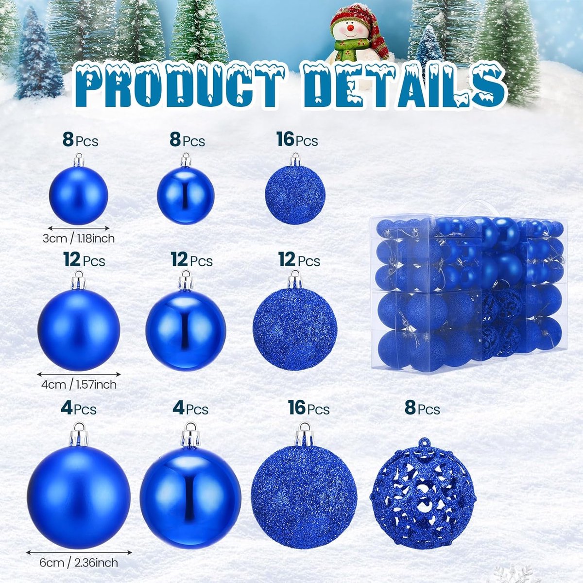 Kerstballen Set - Decoratieve Hangers - Kerstboom Versieren - 100 Stuks - 3 maten - Blauw – foto 3