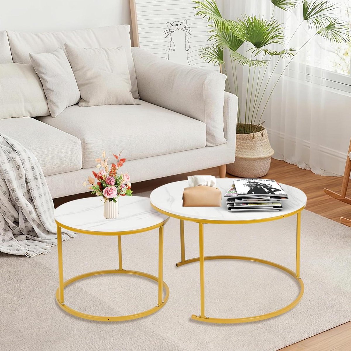 Nesting Tafels Set - Salontafels Rond - Woonkamer Inrichting - Marmerlook Blad Goud - 40 & 60 cm - Lichtgrijs