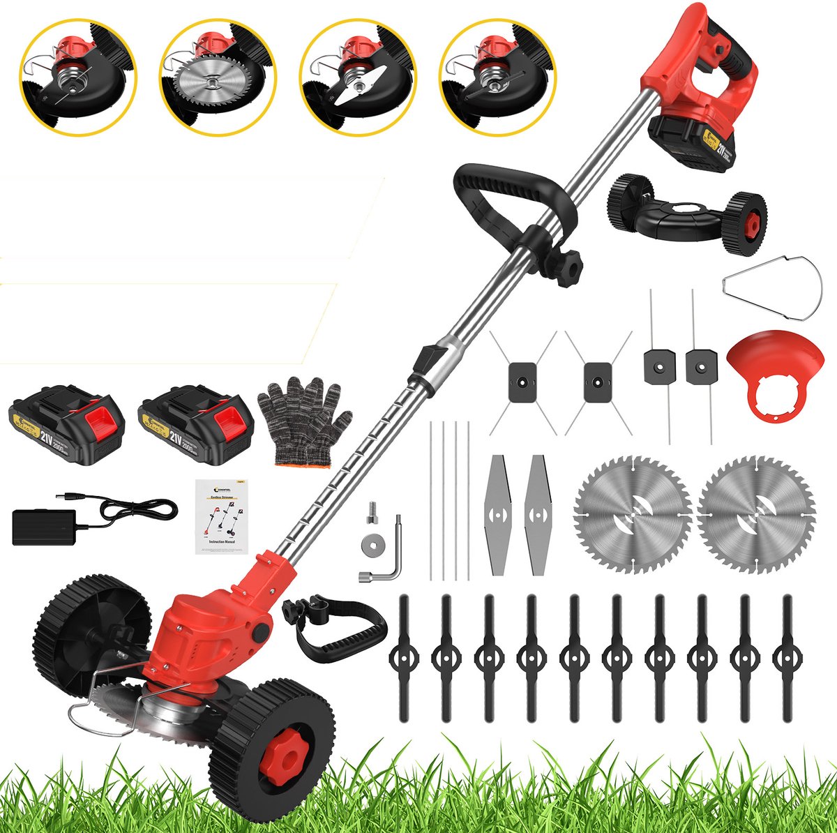 CONENTOOL 5-in-1 Accu Grastrimmer 21V 650W - Draadloze Grasmaaier met Hulpwielen - Incl. 2 Accu's - Rood