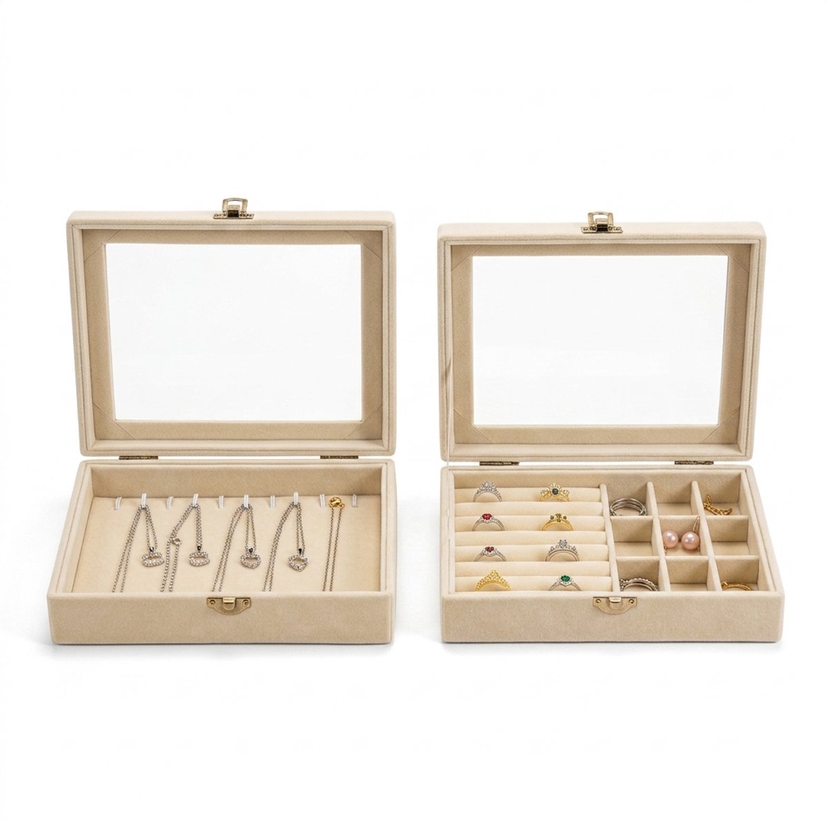 Hearyoo Sieradendoos Set van 2 - Glazen Deksel - Uitneembare Vakjes - Organizer voor Ringen, Kettingen en Oorbellen - 20x15x5 cm - Beige