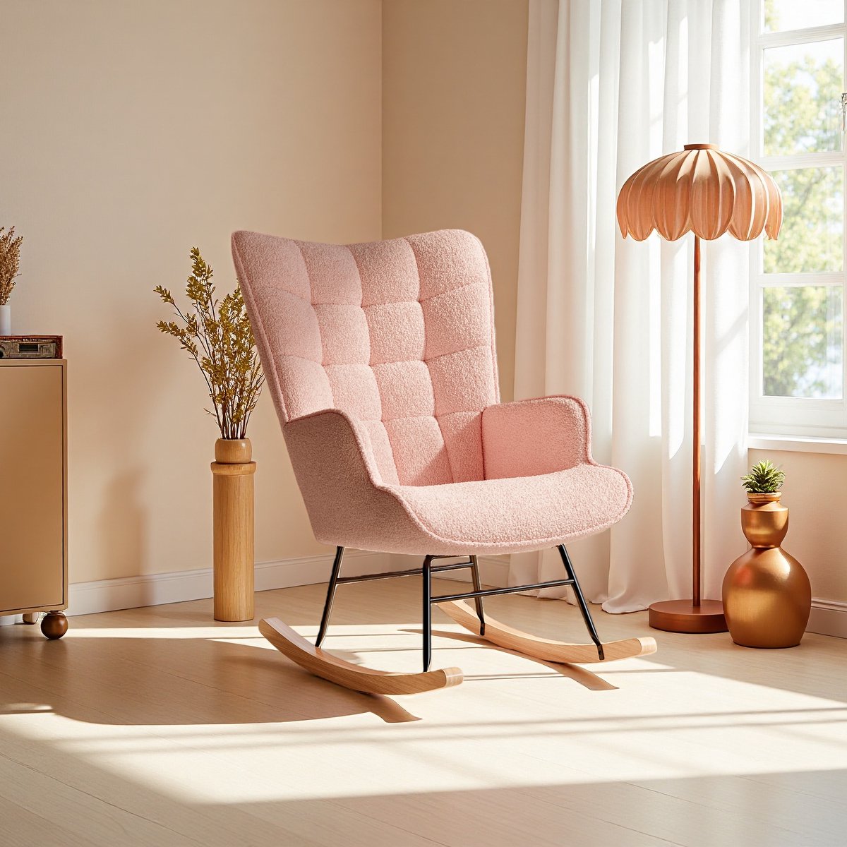 ROSAHQNDA Schommelstoel - Schommelstoelen babykamer - Relaxstoel - Fauteuil - Voedingsstoel - Teddy Fleece - Roomwit - Roze