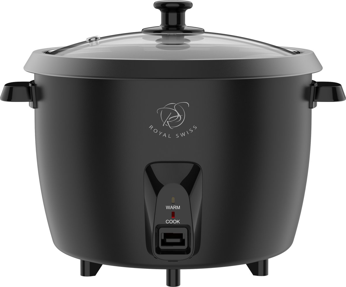 Royal Swiss® Rijstkoker 2.8L – 900W – Automatische Warmhoudfunctie – Uitneembare Antiaanbak Binnenpan – Glazen Deksel – Compleet met Maatbeker & Rijstlepel