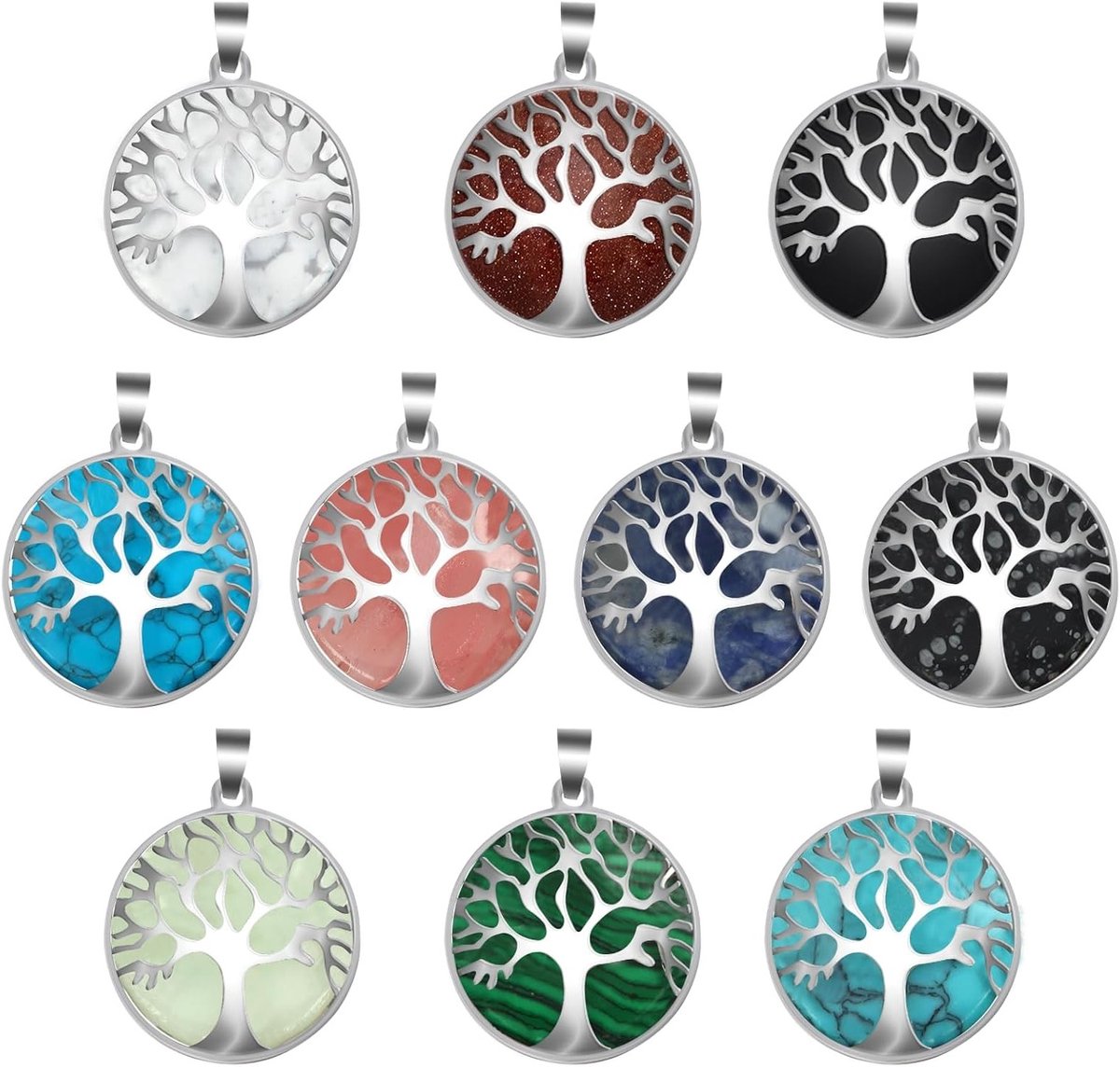 10 Stuks Boom des Levens Hanger 27mm Rond Zilver Legering en Natuurlijke Edelstenen Genezende Kristallen voor Sieraden Maken