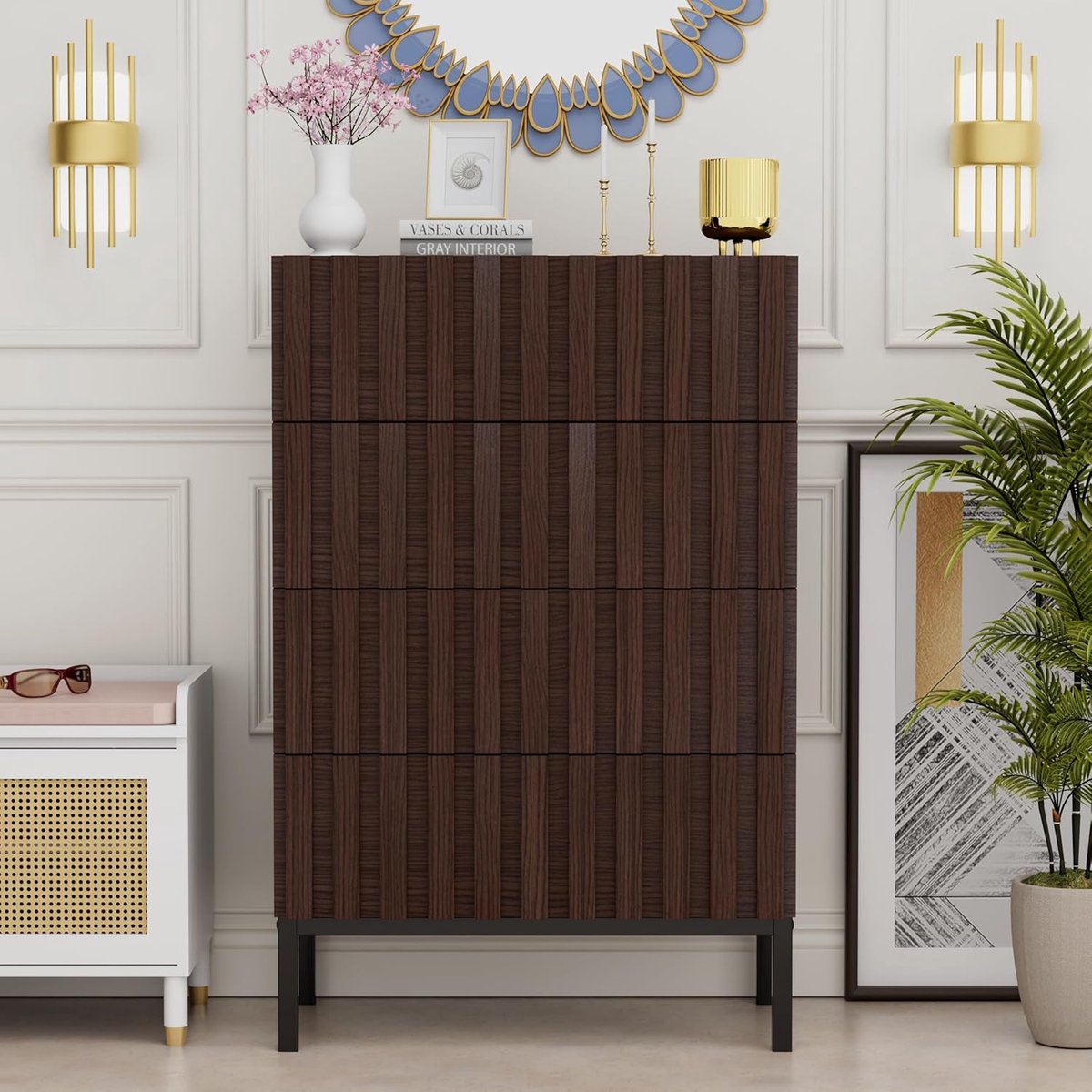 Commode 6 Laden 73x100x35 cm Smalle Houten Opbergkast met Metalen Poten Moderne Slaapkamer Kast Donkerbruin Urbanhome