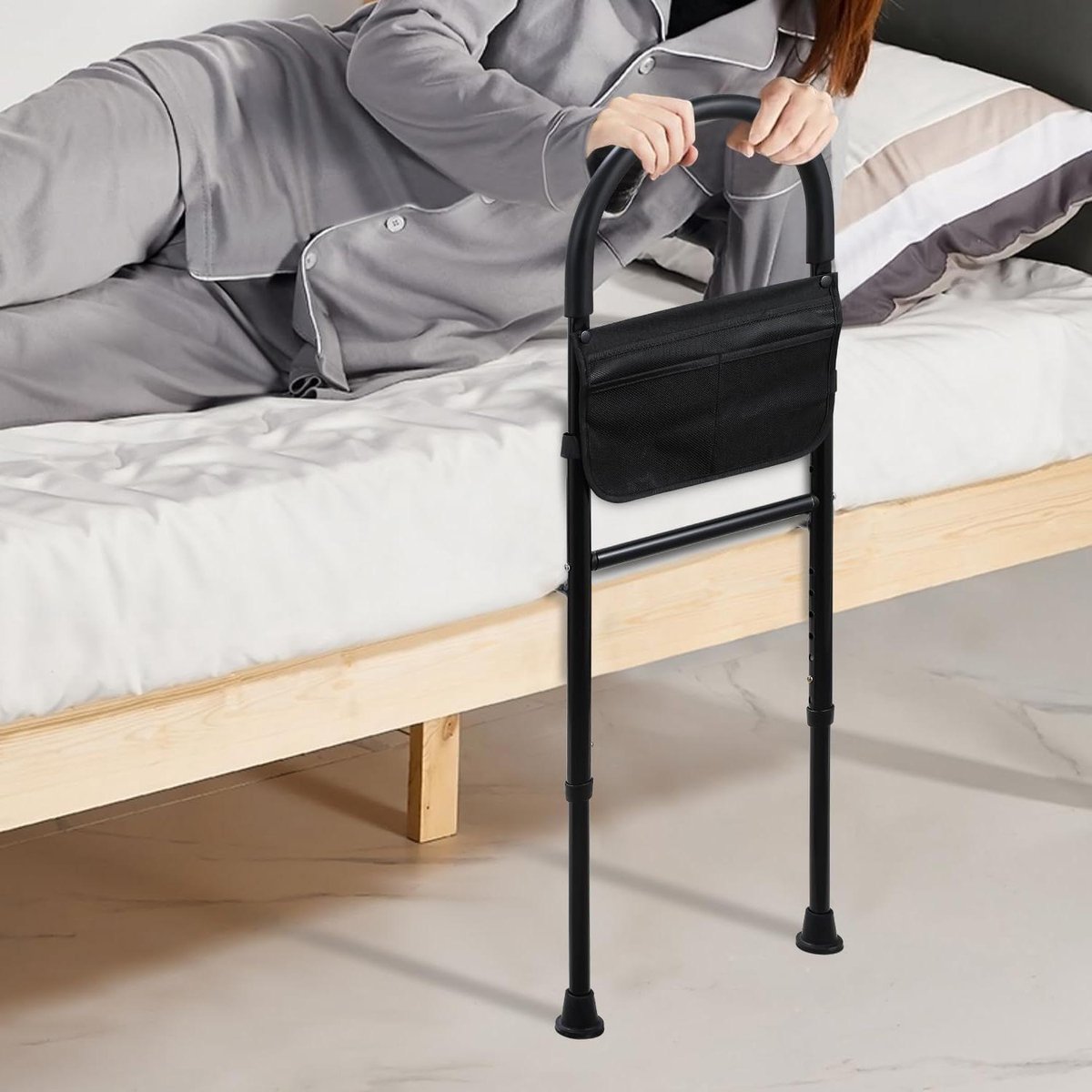 Opstahulp Senioren Bed - Bedsteun Hulpbeugel - Veilig In Bed Stappen - In Hoogte Verstelbaar - 42-50 cm - Zwart