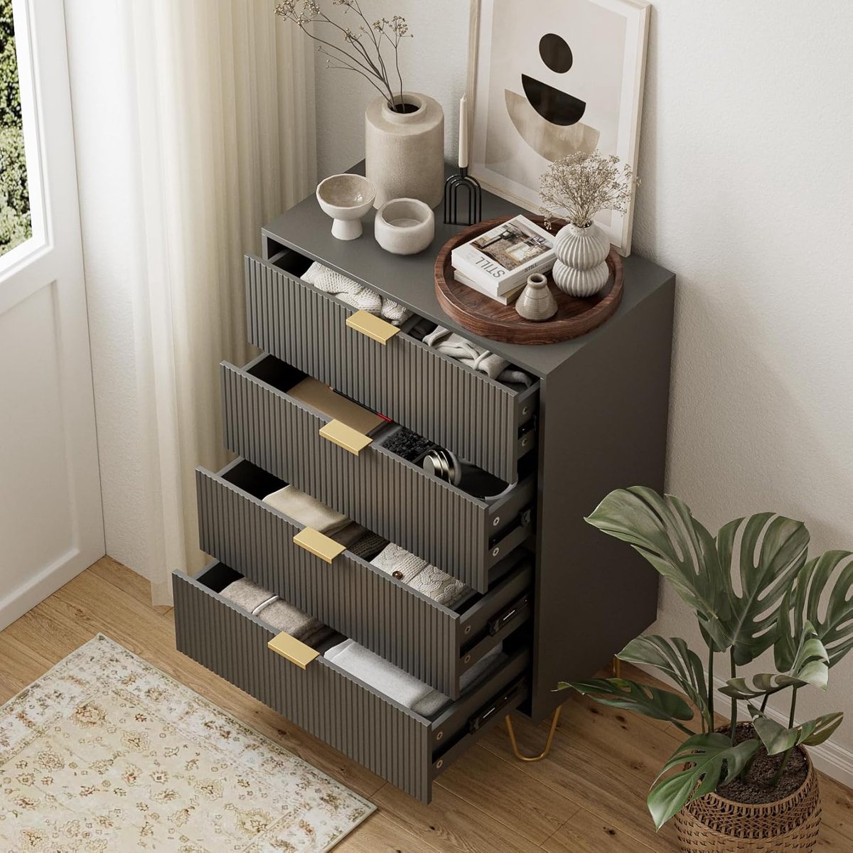 Commode 4 Laden 90x60x34 cm Houten Ladekast met Gouden Poten en Handgrepen Moderne Boho Opbergkast Slaapkamer Kast Grijs Urbanhome