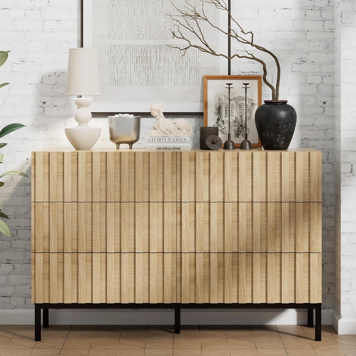 Commode 6 Laden 73x100x35 cm Smalle Houten Opbergkast met Metalen Poten Moderne Slaapkamer Kast Naturel Urbanhome