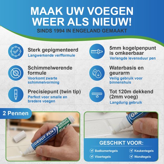 Instructies voor het gebruik van de Rainbow grout pen met afbeeldingen en Nederlandse tekst.