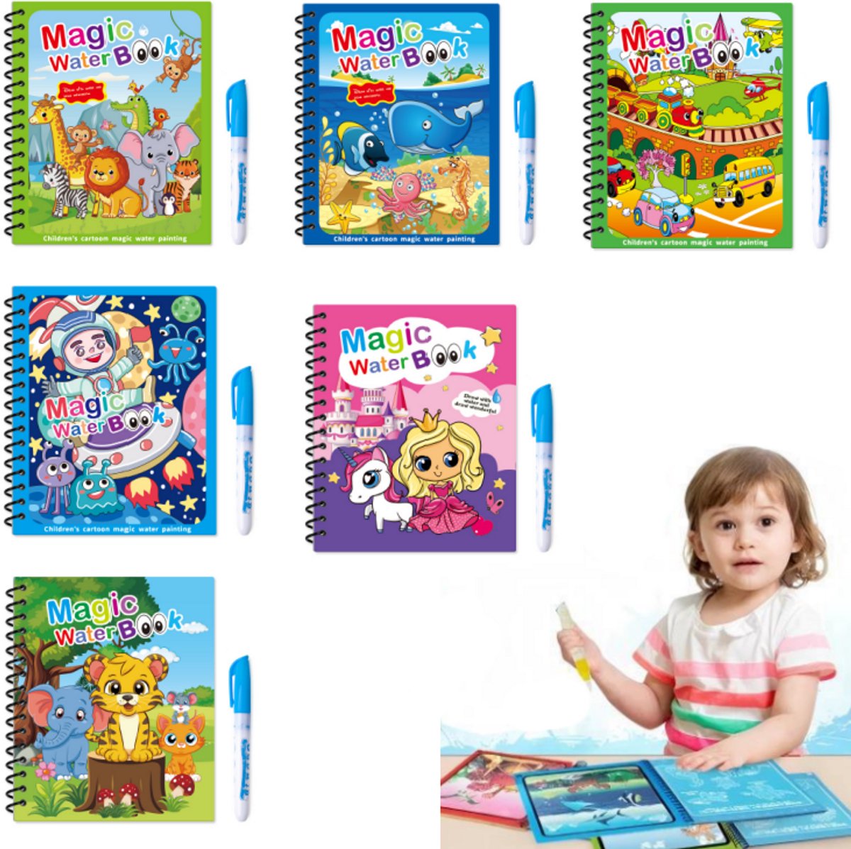 6 Stuks Magisch Herbruikbaar Waterkleurboek voor Kinderen – Inclusief 6 Waterpennen – Vlekloos Tekenspeelgoed – Educatief Cadeau voor Peuters – Perfect en Uniek Cadeau voor Verjaardag en Kerst – 2, 3, 4, 5, 6 Jaar
