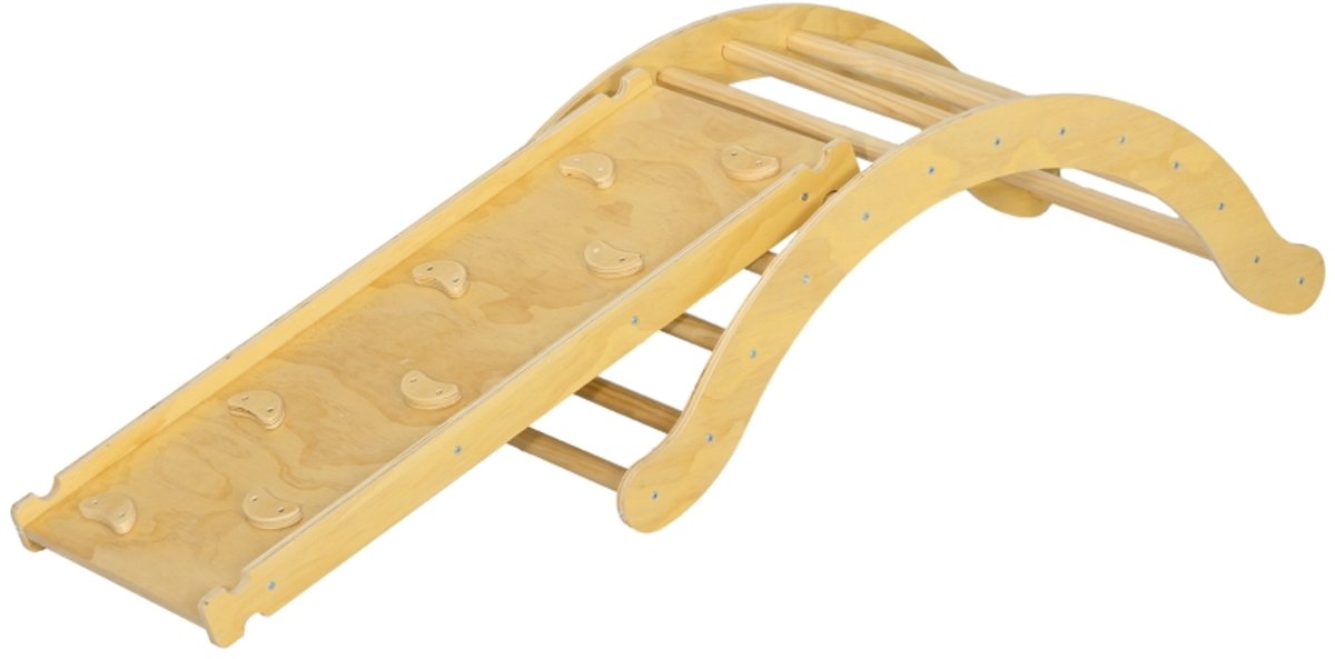 YYchan Houten Klimrek voor Kinderen - 4-in-1 Montessori Speelset - Klimboog met Glijbaan & Kussen - Binnenspeelgoed - Natuurlijk Grenenhout - 168 cm Lang